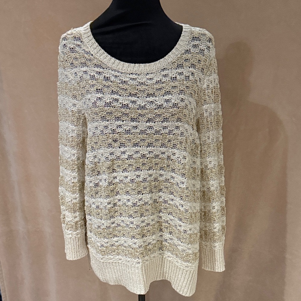 LOFT Cream and Tan Striped Sweater